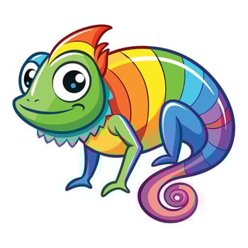 Playful cartoon chameleon happily changing colors in a vibrant rainbow gradient vector