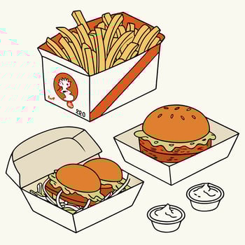 a drawing of a burger, fries and a drink vector