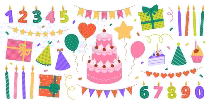 Birthday elements set with cake, candles, balloons, garlands, gifts, party hats and confetti. Holiday decorations. Anniversary celebration. Flat illustration isolated on white background vector