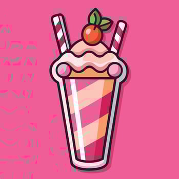 Cartoon Milkshake With Straws And Cherry On A Pink Background Illustration vector