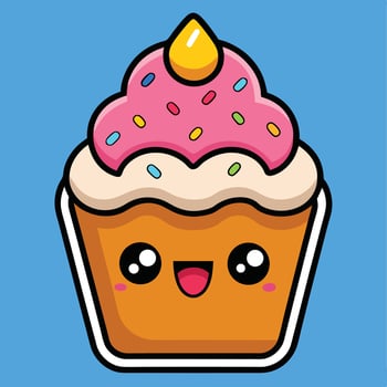 Cute Cupcake Cartoon Illustration With Sprinkles On Pink Frosting And Face vector