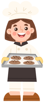 Illustration of cheerful baker holding tray of cookies png