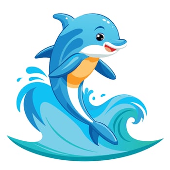 Cheerful happy dolphin surfing on a large wave with a surfboard and a big splash vector