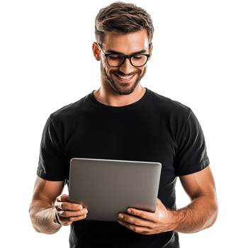 Smiling Young Man in Black T-Shirt Holding Laptop in Portrait Isolated at Transparent Background png