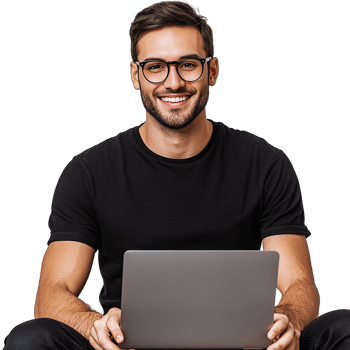Portrait of Happy Young Man in Black T-Shirt Holding Laptop with Smile Isolated on Transparent Background png