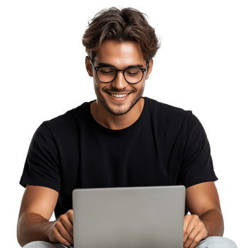 Portrait of Young Man in Black T-Shirt Holding Laptop with Happy Smile Isolated on the Transparent Background png