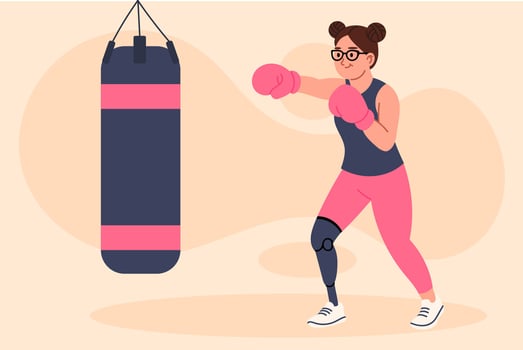 Sporty woman with prosthetic leg boxing. Concept of strength, disability empowerment, and inclusivity in sports. Flat illustration. vector