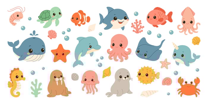 A collection of cartoon sea creatures including a whale, octopus, and starfish. The image has a playful and whimsical mood vector