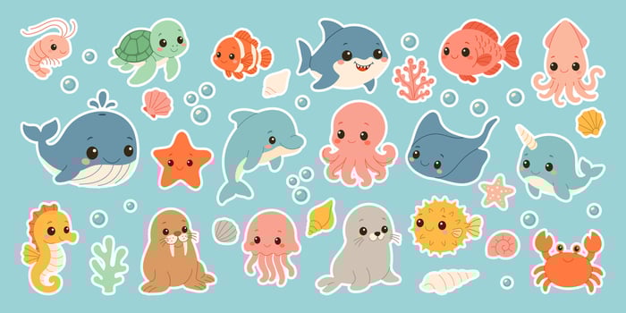 A collection of cute cartoon sea creatures including a whale, starfish, octopus, and crab vector
