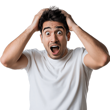 Surprised Young Man with Wide Eyes and Mouth Open, Hands on Head Showing Shock and Astonishment on Transparent Background png