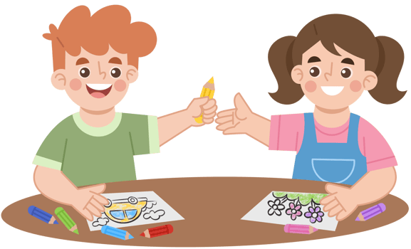Illustration of a boy sharing colored pencils with a girl friend png