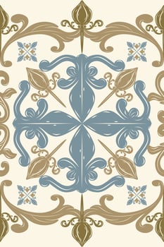Beautiful Detailed Exotic Florals Decoration Curly Scroll Ornament Golden Brown and Royal Blue on Beige Background. Luxury Element Seamless Border Pattern Delicate Blooming for Wallpaper Silk Weaves vector