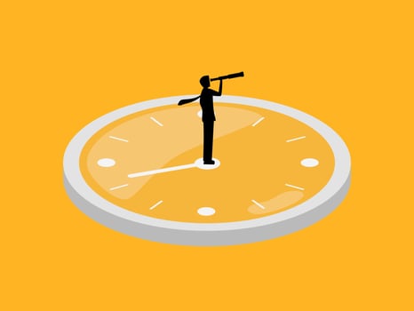 Forecasting the future, Visionary businessman holding telescope on watch vector
