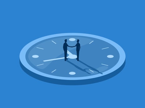Appointment to work on time, Two businessmen standing holding hands on clock face vector