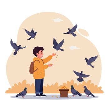 A young boy feeding pigeons in a park while birds fly around him in a cheerful flat illustration vector