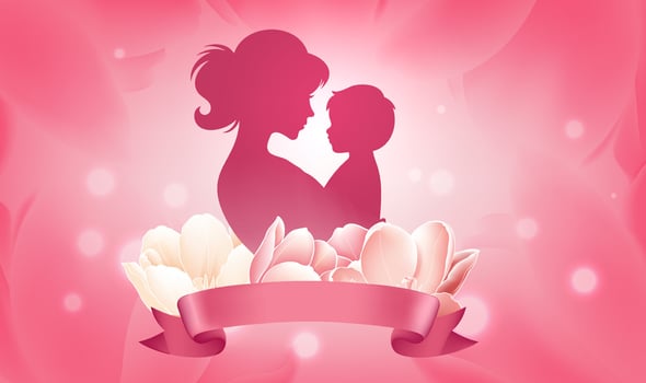 Mother's Day horizontal illustration streamers flower mother holding baby vector
