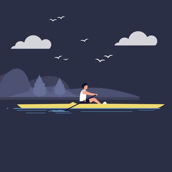 Rowing athlete gliding across calm water in flat art vector
