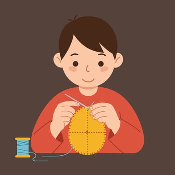 Boy sewing a yellow patch with thread in flat art vector