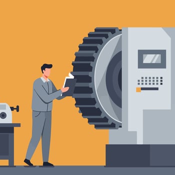 Man operating machinery with gear in flat minimal illustration vector