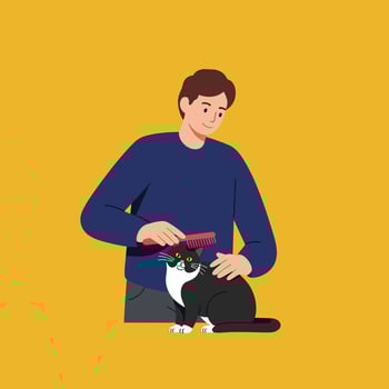 Person grooming black and white cat in flat art style illustration vector