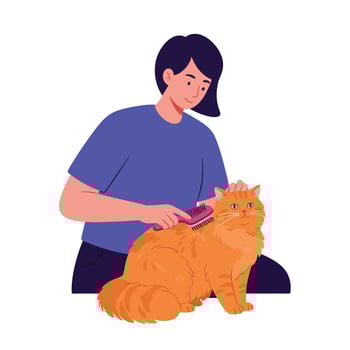 Person grooming an orange cat with a comb in flat art style vector