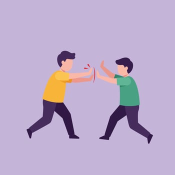 Two cartoon characters engaging in playful tug-of-war game in flat art vector