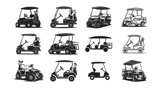 Golf Cart Silhouette Set. Electric Carts with Clubs, Side Views, and Icon Styles vector