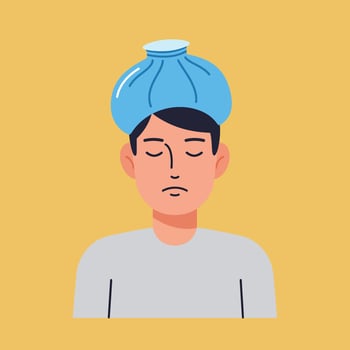 Person with head in pain wearing a blue ice bag flat illustration vector