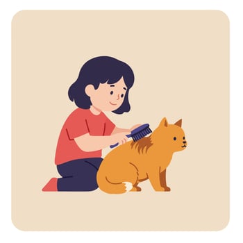 Child grooming a dog with a brush in flat art style vector