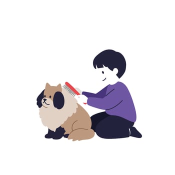 Boy grooming a fluffy dog in flat and minimal style art vector