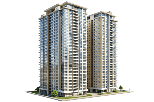 Tall residential skyscrapers surrounded by trees on a white background, representing city life and modern architecture png