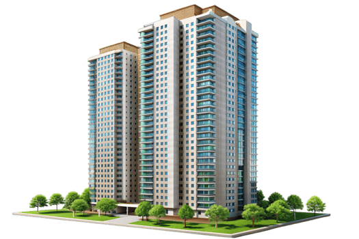 Modern high rise residential buildings with balconies and green landscaping, ideal for real estate and architecture themes png