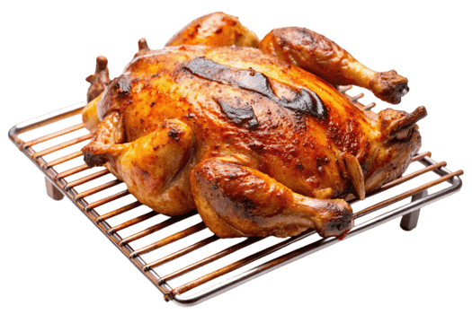 Golden brown whole roast chicken on a metal grill rack showcased on white surface png