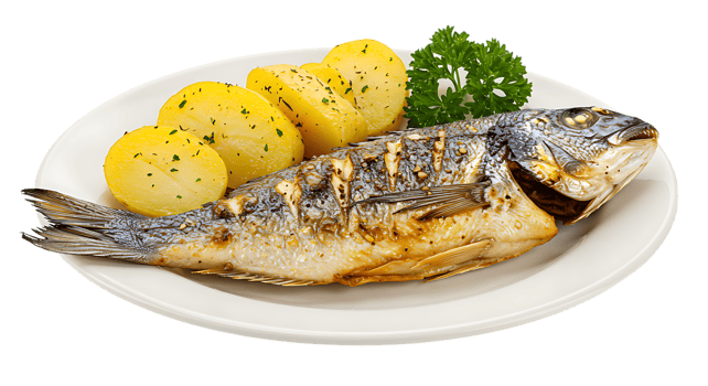 a grilled fish with potatoes and parsley on a plate png