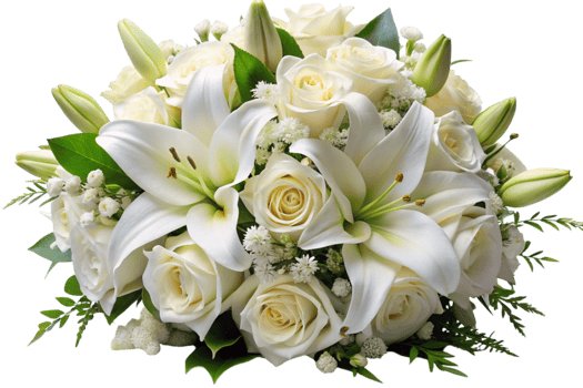 Beautiful white bouquet featuring delicate roses and blooming lilies, perfect for weddings and special occasions png