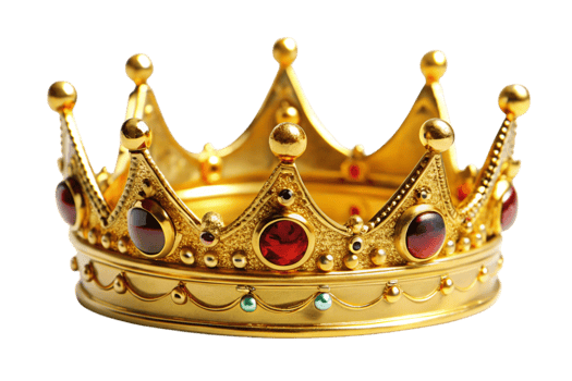 Decorative royal crown in golden metal with gem settings and elegant structure captured against a white background png