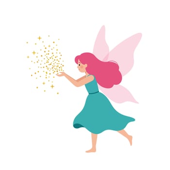 Fairy character with pink hair and wings casting sparkles in flat art vector