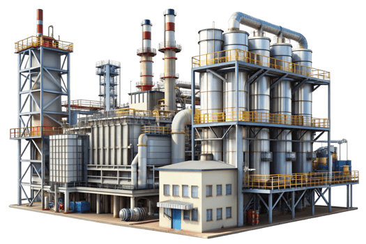 Detailed view of an industrial factory with processing units and chimneys on a plain white background png