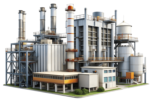 Large factory complex with detailed architecture and industrial machinery, white background png