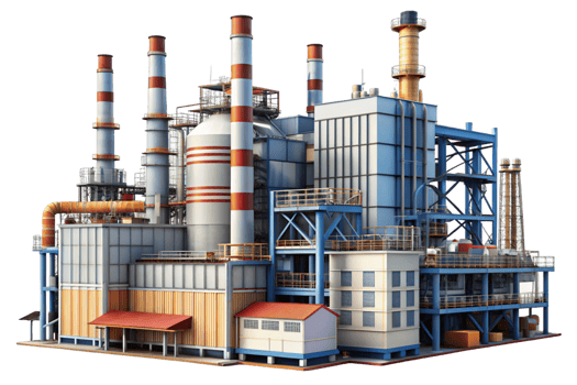 Industrial factory exterior with multiple chimneys and complex structures on a white background png