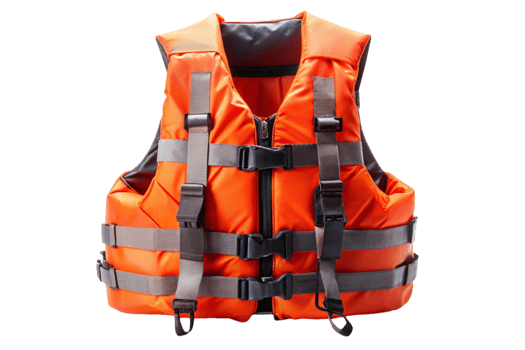 Bright orange life jacket with black straps for water safety and rescue on a white background png