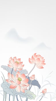 Chinese style vertical illustration light elegant color lotus and landscape vector