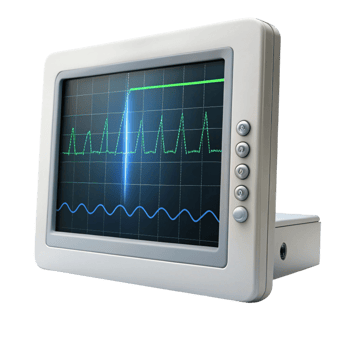 Close up view of a vital signs monitor with ECG waveform, representing heart monitoring and patient care equipment png