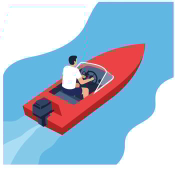 Man driving red speedboat on blue water in flat art vector