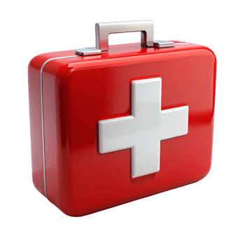 Red emergency kit with cross icon, highlighting medical care, safety equipment, and first aid supplies png