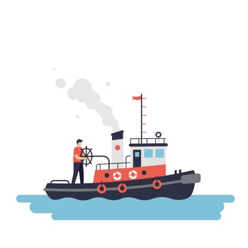 Tugboat with Captain Steering in Flat Minimal Art Style vector