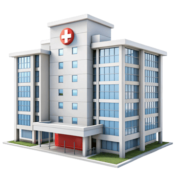 Modern hospital building with red cross symbol, isolated on a clean Transparent Background, representing healthcare png