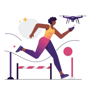 Woman running with a smartphone while a drone flies above her during an outdoor activity vector