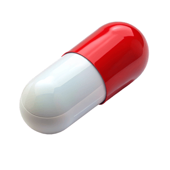 Close up of a glossy red and white pill, showcasing modern pharmaceutical design and dosage png