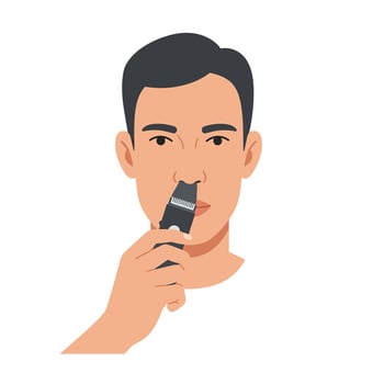 Young man grooming facial hair with a trimmer in a minimalist setting vector